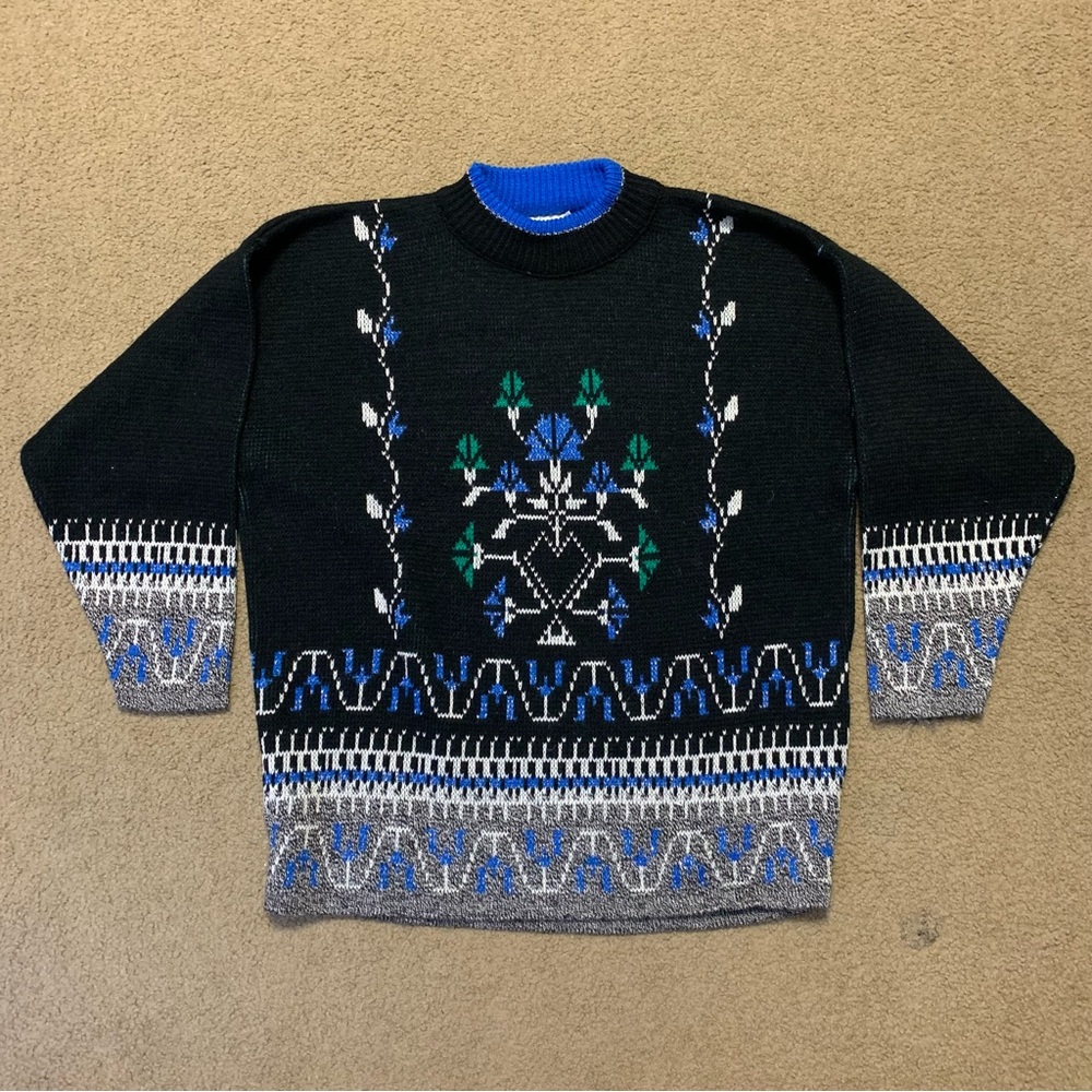 Vintage Distinctly Different Pullover Abstract Sweater Black & Blue Large USA